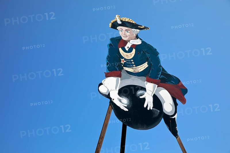 The ride on Münchhausen's cannonball, depicted in the Münchhausen town of Bodenwerder, Weserbergland, Lower Saxony, Germany