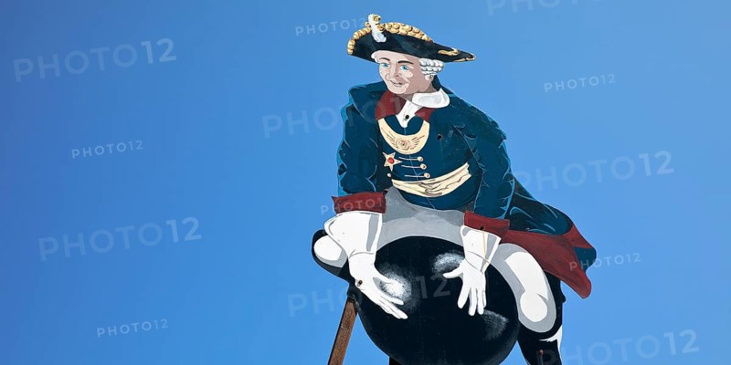 The ride on Münchhausen's cannonball, depicted in the Münchhausen town of Bodenwerder, Weserbergland, Lower Saxony, Germany