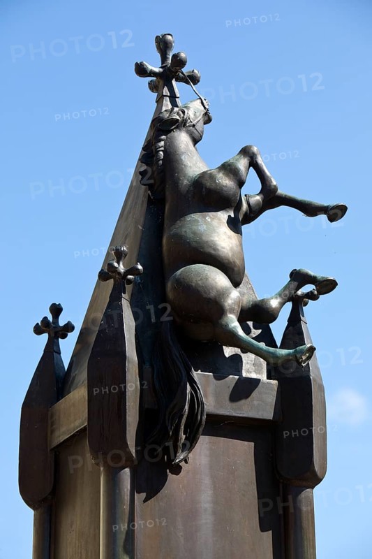 The horse on the church tower, depicted on the Münchhausen fountain by Bonifatius Stirnberg in Bodenwerder, Weserbergland, Lower Saxony, Germany