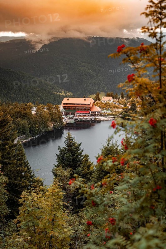 Romantic view of a lake surrounded by wooded mountains in the evening, Mummelsee, Seebach, Ortenau District, Black Forest, Germany