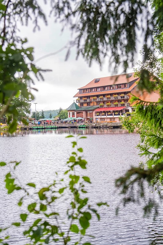 Building with terrace on a quiet lake, framed by leaves, Mummelsee, Seebach, Ortenau district, Black Forest, Germany
