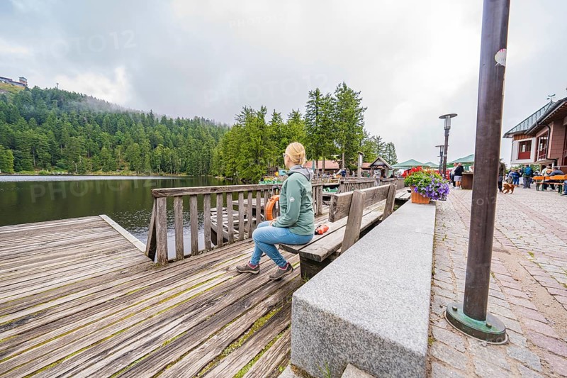 Woman on a bench next to a lake and flowers on a wooden footbridge, Mummelsee, Seebach, Ortenau District, Black Forest, Germany