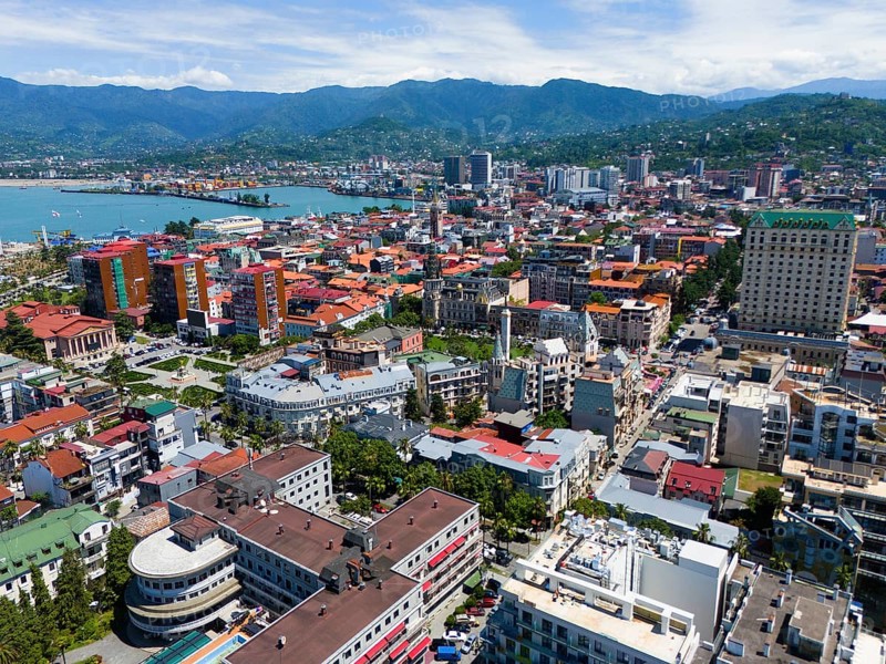 Urban environment with densely built-up areas and mountain backdrop, aerial view, Batumi, Black Sea, Adjara region, Adjara, autonomous republic, Georgia