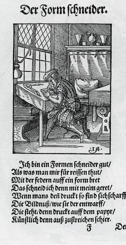 Der Formstecher, Beschreibung aller Stände auf Erden, 1568, woodcut by Jost Amman from Könnecke Bilderatlas zur Geschichte der Deutschen Litteratur Marburg, 1887Der Buchdrucker, 1887
