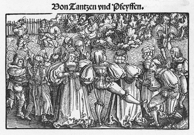 Dancing and whistling woodcut by Hans Scheuffelin 1534, from Könnecke Bilderatlas zur Geschichte der Deutschen Litteratur Marburg, 1887