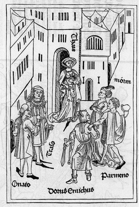 Copperplate engraving from the translation by Terence Eunuchus 1486, from Könnecke Bilderatlas zur Geschichte der Deutschen Litteratur Marburg, 1887