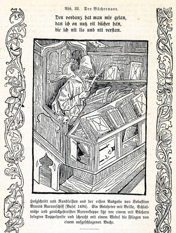 Scholar with a fool's cap and books he does not understand. Woodcut from Das Narrenschiff from 1494, German literary history, by Robert König, 9th edition from 1881