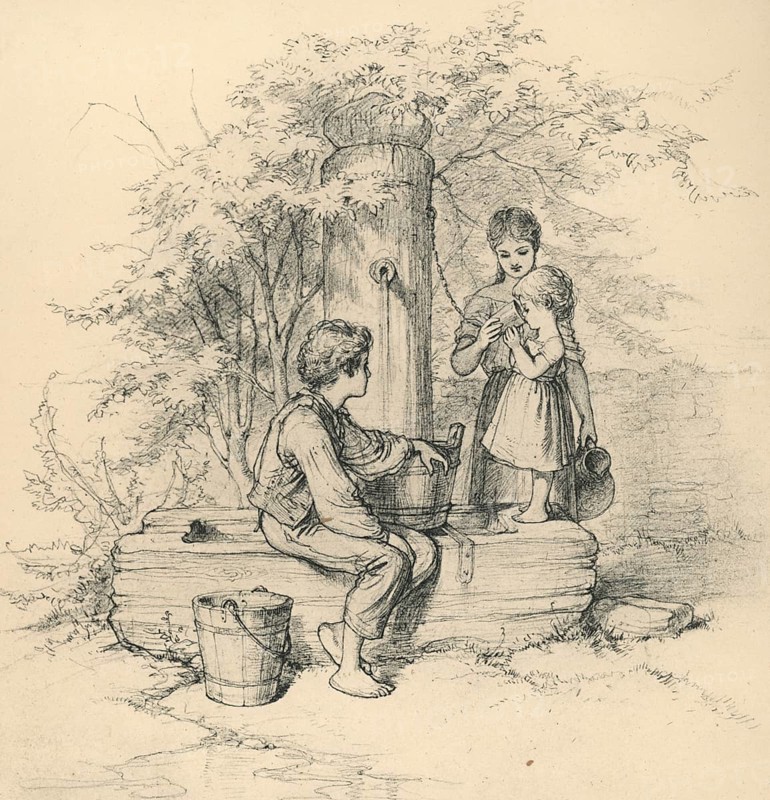 At the fountain, A. Hendschel's sketchbook, collotype published by M. Hendschel, after 1871
