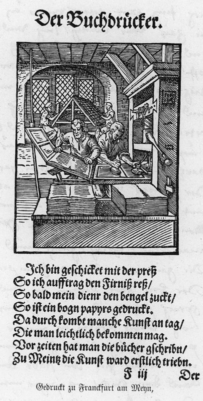 The printer, description of all classes on earth, 1568, woodcut by Jost Amman from Könnecke Bilderatlas zur Geschichte der Deutschen Litteratur Marburg, 1887