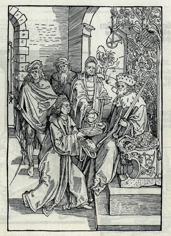 Konrad Celtes (1459-1508) presents Elector Frederick of Saxony with the works of Roswitha, from Könnecke Bilderatlas zur Geschichte der Deutschen Litteratur Marburg, 1887