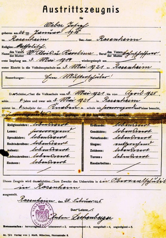 Transfer certificate for pupil Joseph Weber from the Volkshauptschule to the Oberrealschule Rosenheim dated 25 February 1925
