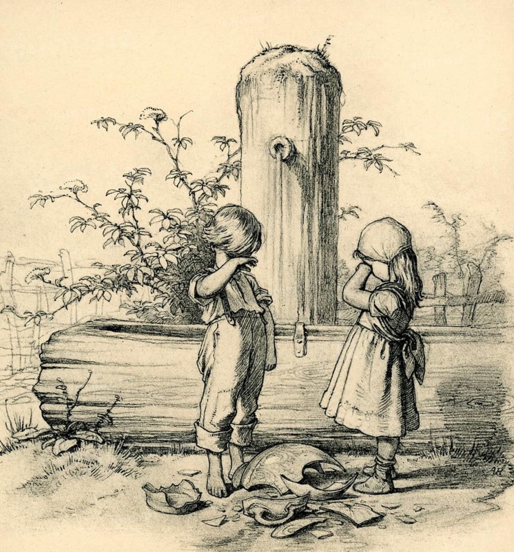 Children at the fountain, misfortune, A. Hendschel's sketchbook, collotype published by M. Hendschel, after 1871