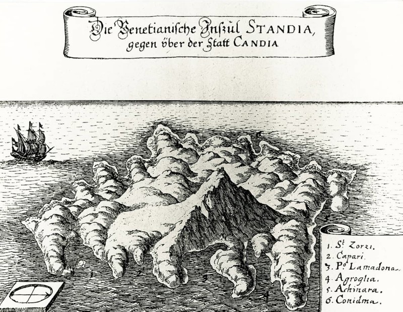 Engraving, The island of Spina Longa, Crete, Greece, place of internment of the Bavarian relief troops after the capitulation of Candia, 1670