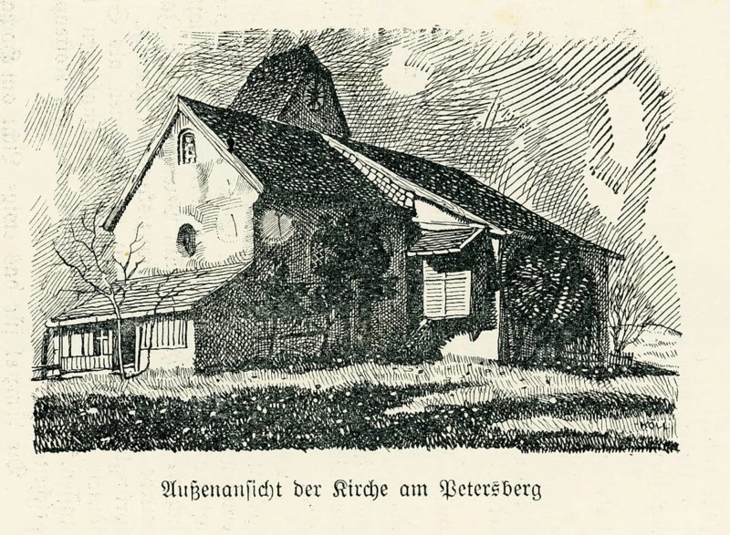 Church from the south-east, reproduction church guide from 1911 Petersberg pilgrimage church, municipality of Flintsbach, Bavarian Inn Valley, Upper Bavaria