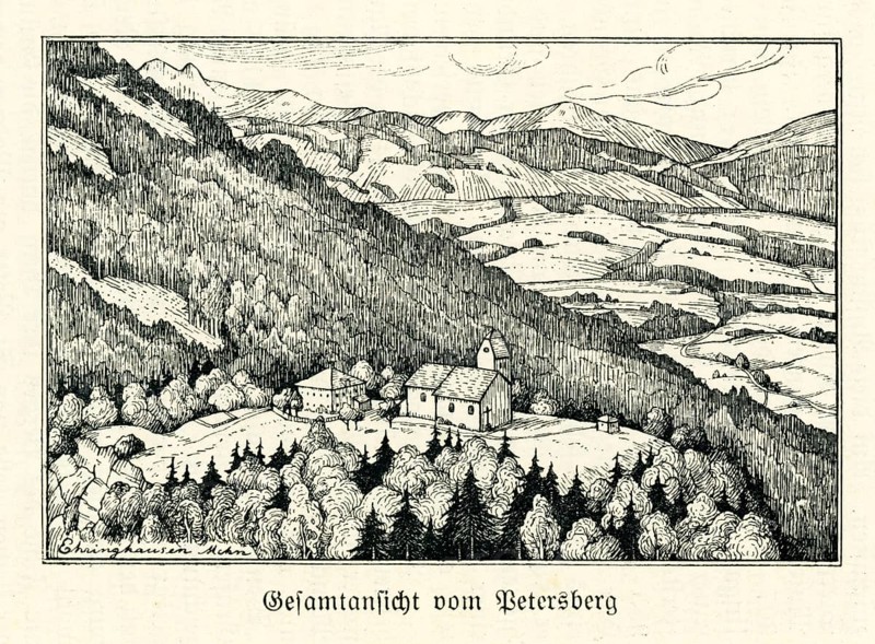 Church in the mountain landscape, reproduction church guide from 1911 Petersberg pilgrimage church, municipality of Flintsbach, Bavarian Inn Valley, Upper Bavaria