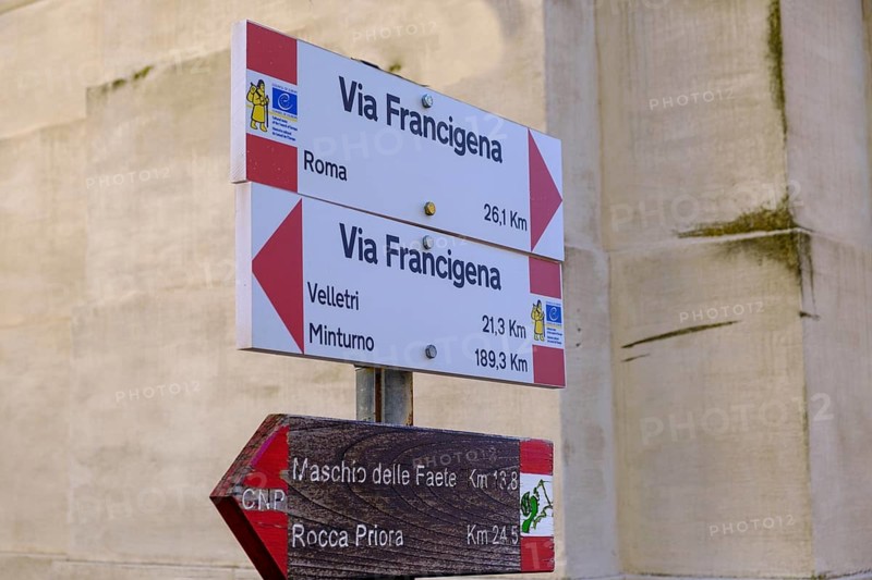 Hiking trail sign Via Francigena, Castel Gandolfo, Albano, Alban Hills, Colli Albani, Lazio, Italy