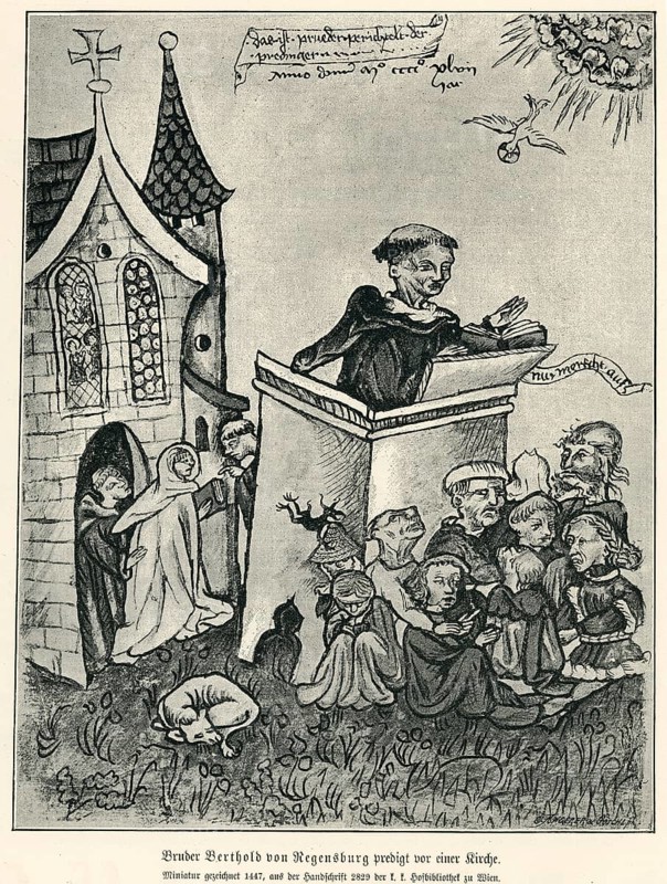 Brother Bernhard of Regensburg (1272) preaching in front of a church, miniature from 1477, from Könnecke Bilderatlas zur Geschichte der Deutschen Litteratur Marburg, 1887