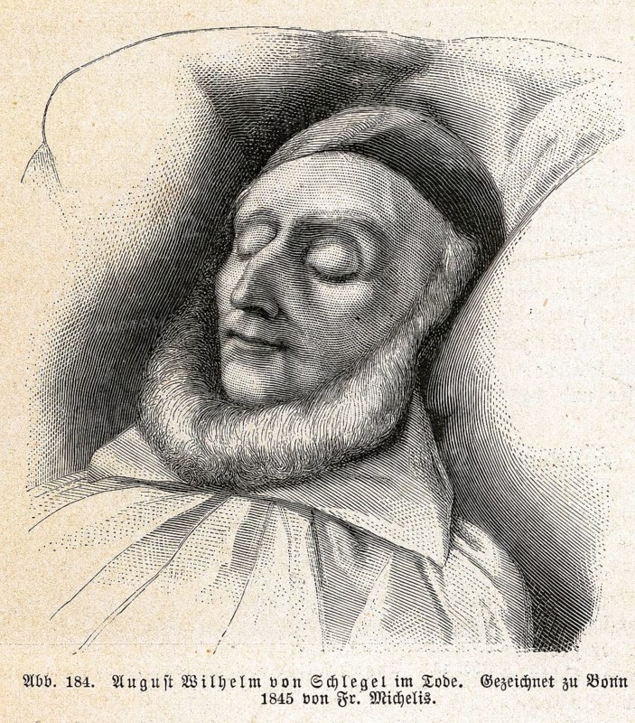 August Wilhelm von Schlegel 1767-1845 literary historian literary critic, translator, ancient philologist and Indologist, drawn on his deathbed by Fr. Michaelis, Deutsche Literaturgeschichte, by Robert König, 9th edition of 1881