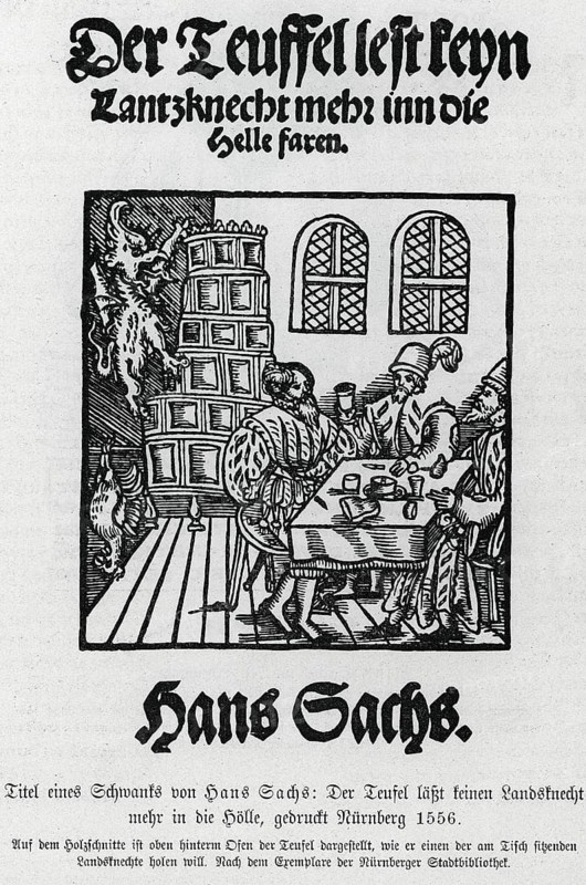 Der Teufel läßt kein Landsknecht mehr in die Hölle (The devil won't let a lansquenet into hell), from Könnecke Bilderatlas zur Geschichte der Deutschen Litteratur Marburg, 1887