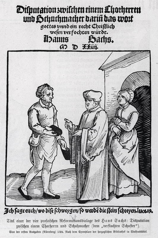 Disputation between a canon and the shoemaker 1524, from Könnecke Bilderatlas zur Geschichte der Deutschen Litteratur Marburg, 1887