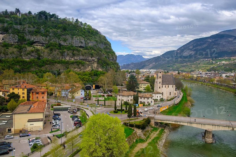 View over the Adige Valley with the Trento, from the Valle-Trento cable car, Trento, Trentino, Italy