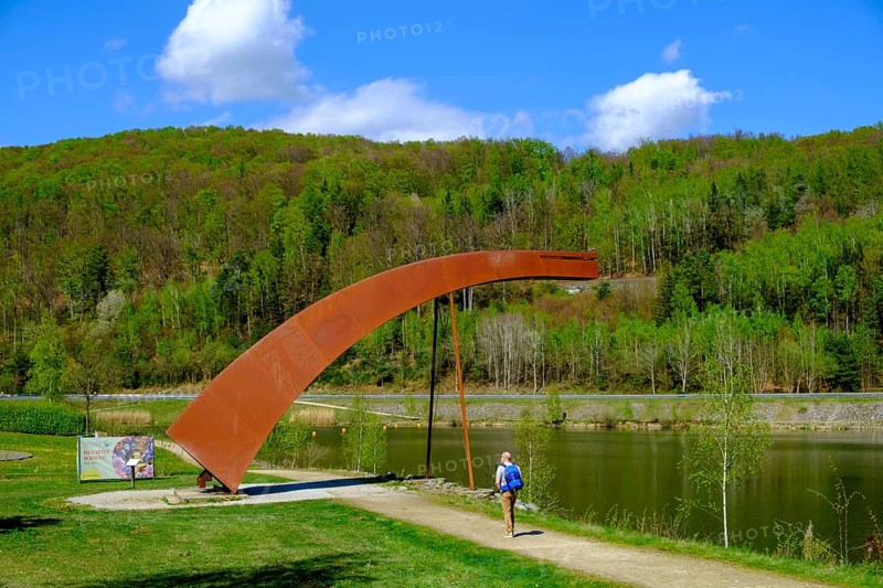 Iron bridge sculpture, viewpoint, Drachensee, Furth im Wald, Bavarian Forest, Upper Palatinate, Bavaria, Germany