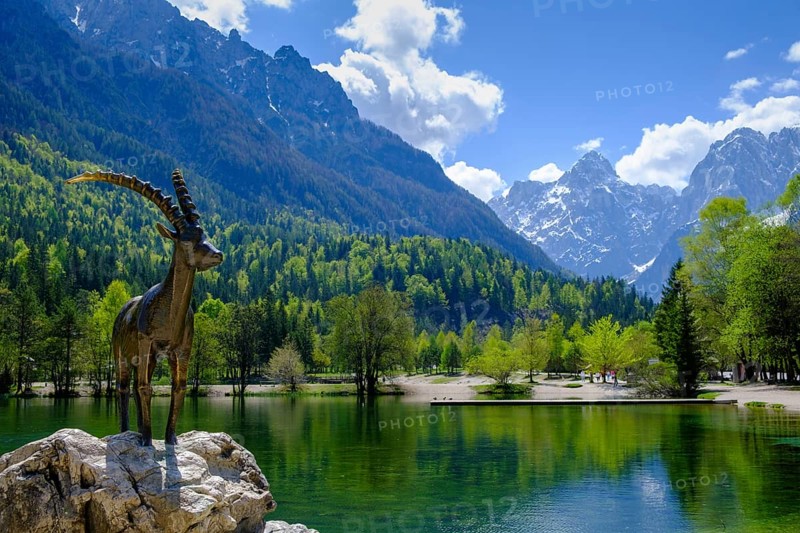 Ibex sculpture at Jasna Lake in Triglav National Park, Kranjska Gora, Upper Carniola, Julian Alps, Slovenia
