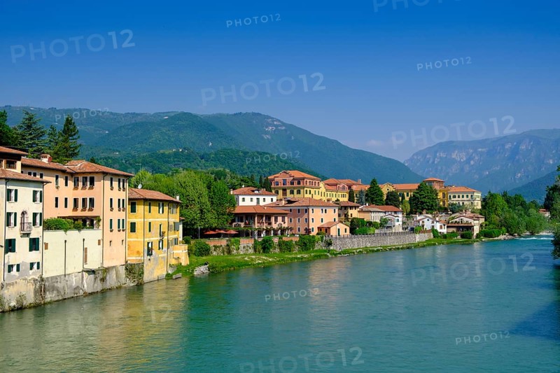 Old town centre on the Brenta, from the Ponte degli Alpini, Bassano del Grappa, Veneto, Italy