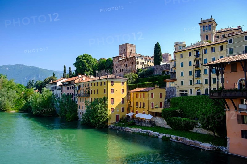 Old town centre on the Brenta, from the Ponte degli Alpini, Bassano del Grappa, Veneto, Italy