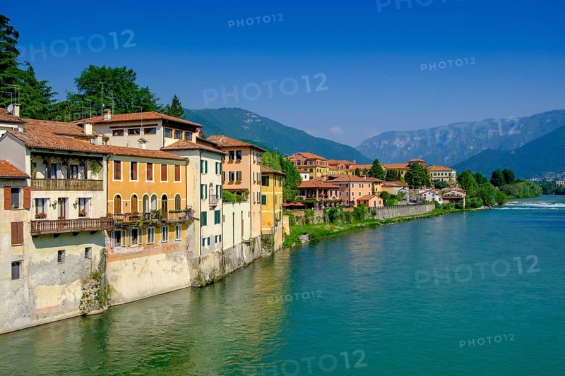Old town centre on the Brenta, from the Ponte degli Alpini, Bassano del Grappa, Veneto, Italy
