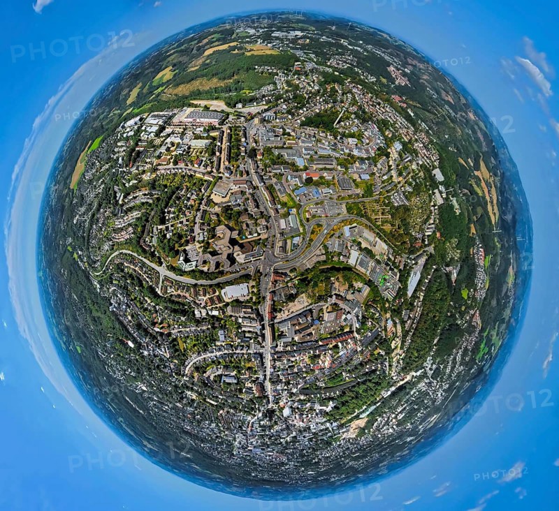 Aerial view, city centre view, street crossing Rahmedestraße and Heedfelder Straße, earth globe, fisheye image, 360 degree image, tiny world, little planet, fisheye image, Lüdenscheid city, Lüdenscheid, Sauerland, North Rhine-Westphalia, Germany, City, DE, Europe, city centre view, aerial view, aerial photography, aerial photography, Ruhr area, overview, bird's eye view, birds-eyes view, overview