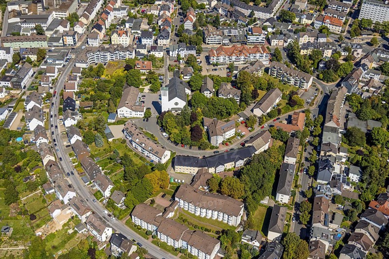 Aerial view, residential area Graf-von-Galen-Straße and cath. Church Maria Königin, Lüdenscheid City, Lüdenscheid, Sauerland, North Rhine-Westphalia, Germany, place of worship, DE, Europe, religious community, place of worship, property tax, holy site, real estate, church, church community, denomination, aerial view, aerial photography, aerial photography, Märkischer Kreis, religion, religious site, overview, bird's eye view, residential complex, living and life, residential area, residential quality, residential neighbourhood, residential estate, residential district, bird's eye view, overview