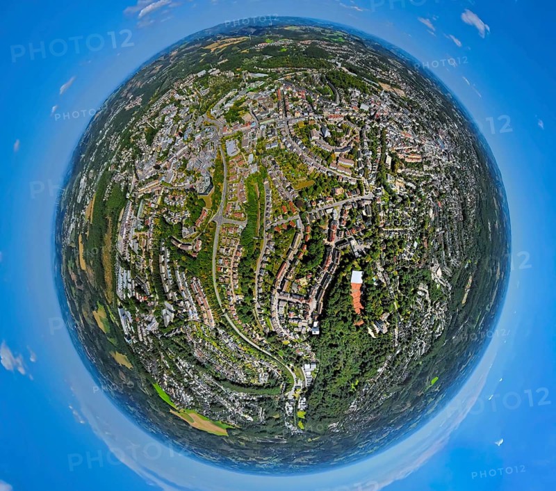 Aerial view, city centre view, park and residential area Im Winkel, earth globe, fisheye shot, fisheye shot, 360 degree shot, tiny world, little planet, fisheye image, Lüdenscheid city, Lüdenscheid, Sauerland, North Rhine-Westphalia, Germany, City, DE, Europe, property tax, real estate, city centre view, aerial view, aerial photography, aerial photography, Ruhr area, overview, bird's-eye view, residential area, living and life, residential area, residential quality, residential quarter, housing estate, residential district, birds-eyes view, overview