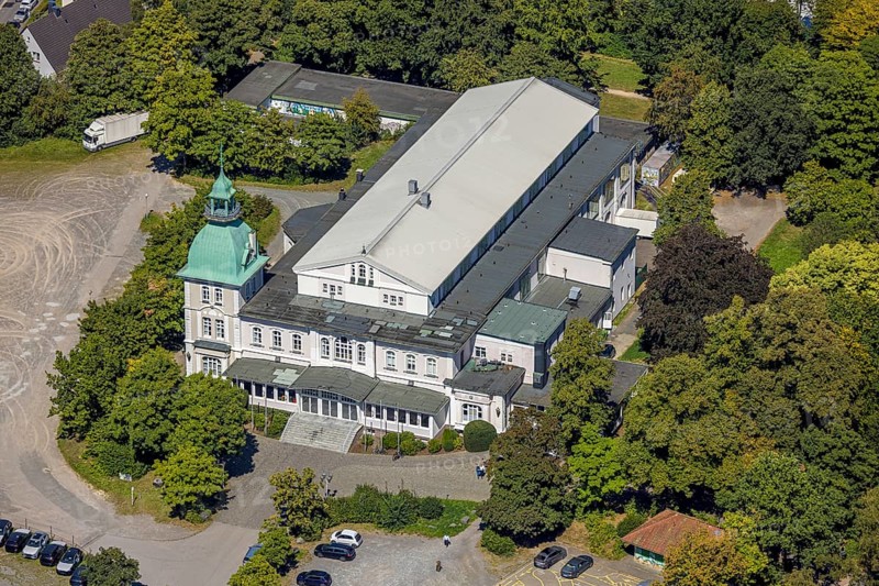 Aerial view, Historic New Schützenhalle Lüdenscheid with tower, event location Schützengesellschaft, Lüdenscheid town, Lüdenscheid, Sauerland, North Rhine-Westphalia, Germany, customs, DE, Europe, events, culture, art, aerial view, aerial photography, aerial photography, Märkischer Kreis, Schützenbruderschaft, Schützengesellschaft, Schützenhalle, Schützenhaus, Schützenverein, theatre, tradition, overview, events, event location, event venue, bird's eye view, birds-eyes view, cultural use, overview