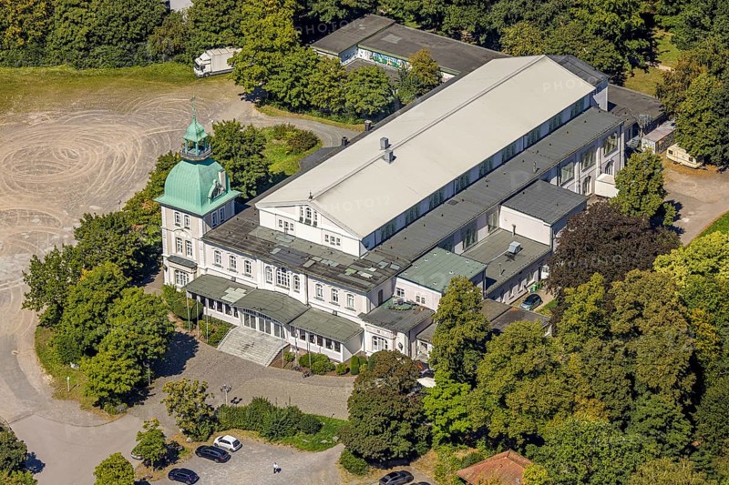 Aerial view, Historic New Schützenhalle Lüdenscheid with tower, event location Schützengesellschaft, Lüdenscheid town, Lüdenscheid, Sauerland, North Rhine-Westphalia, Germany, customs, DE, Europe, events, culture, art, aerial view, aerial photography, aerial photography, Märkischer Kreis, Schützenbruderschaft, Schützengesellschaft, Schützenhalle, Schützenhaus, Schützenverein, theatre, tradition, overview, events, event location, event venue, bird's eye view, birds-eyes view, cultural use, overview