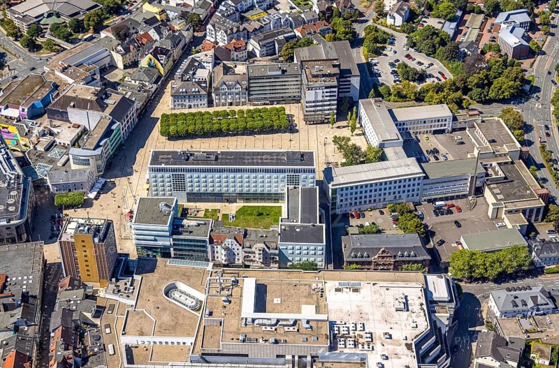 Aerial view, town hall and town hall square with tree avenue, city, Lüdenscheid city, Lüdenscheid, Sauerland, North Rhine-Westphalia, Germany, tree avenue, tree group, tree row, tree series, DE, Europe, green trees, aerial view, aerial photography, aerial photography, Märkischer Kreis, overview, bird's eye view, birds-eyes view, green planting, overview