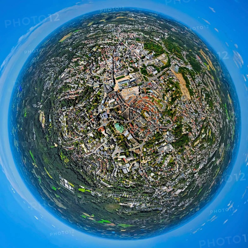 Aerial view, city centre view with town hall, circular residential complex Grabenstrasse and Corneliusstrasse with Church of the Redeemer, earth globe, fisheye image, fisheye image, 360 degree image, tiny world, little planet, fisheye image, Lüdenscheid city, Lüdenscheid, Sauerland, North Rhine-Westphalia, Germany, place of worship, authority, city, DE, Europe, religious community, house of worship, property tax, holy place, real estate, city centre view, church, parish, denomination, aerial view, aerial photography, aerial photography, town hall, religion, religious site, Ruhr area, overview, bird's-eye view, residential complex, living and life, residential area, quality of life, residential quarter, housing estate, residential area, birds-eyes view, overview