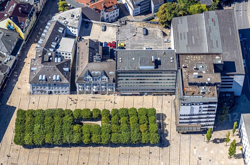 Aerial view, town hall and town hall square with tree avenue, city, Lüdenscheid city, Lüdenscheid, Sauerland, North Rhine-Westphalia, Germany, tree avenue, tree group, tree row, tree series, DE, Europe, green trees, aerial view, aerial photography, aerial photography, Märkischer Kreis, overview, bird's eye view, birds-eyes view, green planting, overview