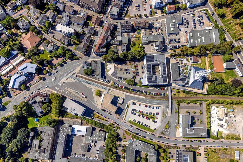 Aerial view, Phänomenta Science Center Tower at Phänomenta-Weg Technikzentrum Südwestfalen, ZOB Bahnhofsallee and Fachhochschule Südwestfalen, Lüdenscheid-Stadt, Lüdenscheid, Sauerland, North Rhine-Westphalia, Germany, education, education centre, bus station, DE, Europe, university, teaching institute, learning, aerial view, aerial photography, aerial photography, Märkischer Kreis, school, tower, overview, bird's-eye view, science museum, birds-eyes view, overview
