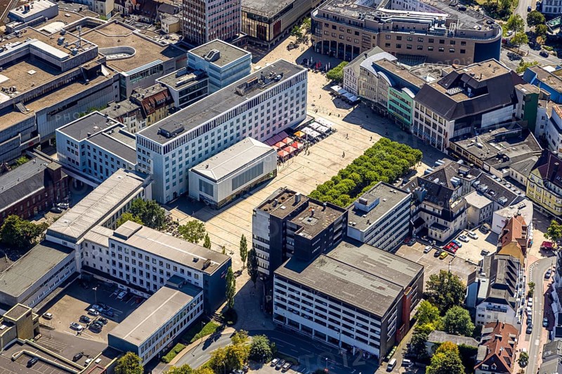Aerial view, tree avenue at the town hall and town hall square, city, Lüdenscheid city, Lüdenscheid, Sauerland, North Rhine-Westphalia, Germany, tree avenue, tree group, tree row, tree series, DE, Europe, green trees, aerial view, aerial photography, aerial photography, Märkischer Kreis, overview, bird's eye view, birds-eyes view, green planting, overview