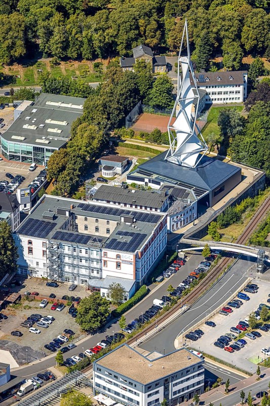 Aerial view, Phänomenta Science Center, Tower at Phänomenta-Weg Technikzentrum Südwestfalen, EGC EntwicklungsCentrum und GründerCentrum, Lüdenscheid-Stadt, Lüdenscheid, Sauerland, North Rhine-Westphalia, Germany, educational institution, educational centre, DE, Europe, learning, aerial view, aerial photography, aerial photography, Märkischer Kreis, tower, overview, bird's-eye view, science museum, birds-eyes view, overview