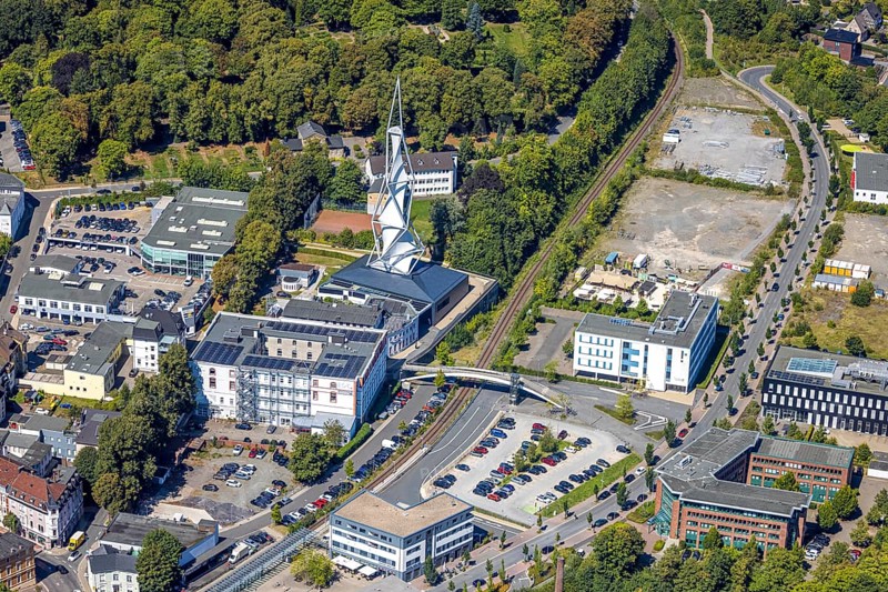 Aerial view, Phänomenta Science Center, Tower at Phänomenta-Weg Technikzentrum Südwestfalen, EGC EntwicklungsCentrum und GründerCentrum, Lüdenscheid-Stadt, Lüdenscheid, Sauerland, North Rhine-Westphalia, Germany, educational institution, educational centre, DE, Europe, learning, aerial view, aerial photography, aerial photography, Märkischer Kreis, tower, overview, bird's-eye view, science museum, birds-eyes view, overview