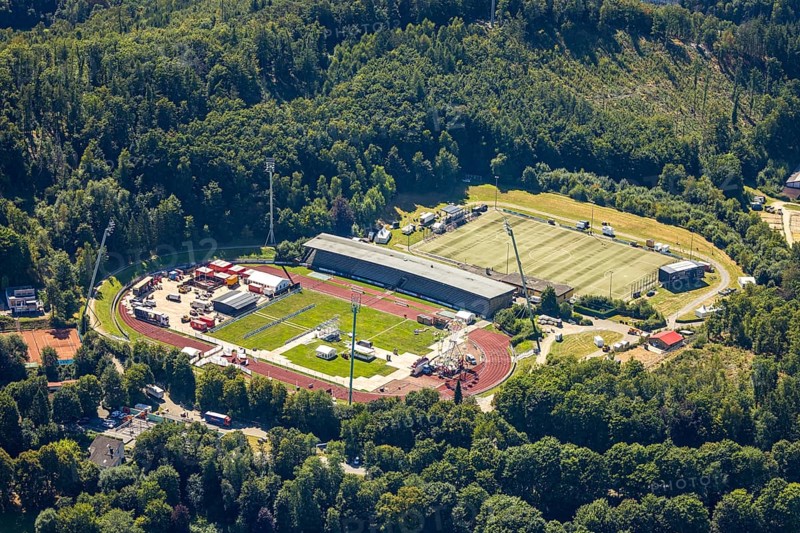 Aerial view, construction site and renovation of the Nattenberg stadium, Rot-Weiß Lüdenscheid, Lüdenscheid city, Lüdenscheid, Sauerland, North Rhine-Westphalia, Germany, construction work, construction area, building site, building plots, construction project, construction site, DE, renovation, Europe, football, football field, football stadium, football club, aerial view, aerial photography, aerial photography, Märkischer Kreis, renovation, refurbishment, sports, sports facility, sports field, sports club, overview, bird's-eye view, overview