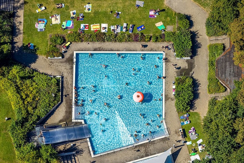 Aerial view, outdoor swimming pool, swimming pool with bathers, Lüdenscheid town, Lüdenscheid, Sauerland, North Rhine-Westphalia, Germany, bathing establishment, bathing resort, DE, Europe, shapes and colours, outdoor swimming pool, leisure activities, aerial view, aerial photography, aerial photography, Märkischer Kreis, swimming pool, swimming pool, swimming pool, overview, bird's eye view, birds-eyes view, overview