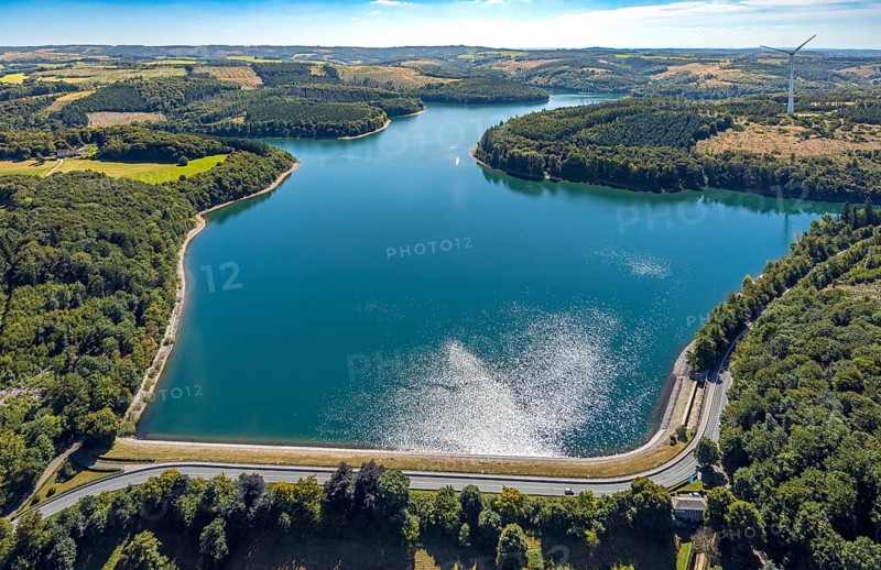 Aerial view, Verse dam with dam, forest area with forest damage, Piepersloh, Lüdenscheid, Sauerland, North Rhine-Westphalia, Germany, tree mortality, DE, Europe, clear-cutting, calamity areas, aerial view, aerial photography, aerial photography, Märkischer Kreis, lake, dam wall, dam, overview, bird's-eye view, forest, forest area, forest damage, forest mortality, birds-eyes view, overview