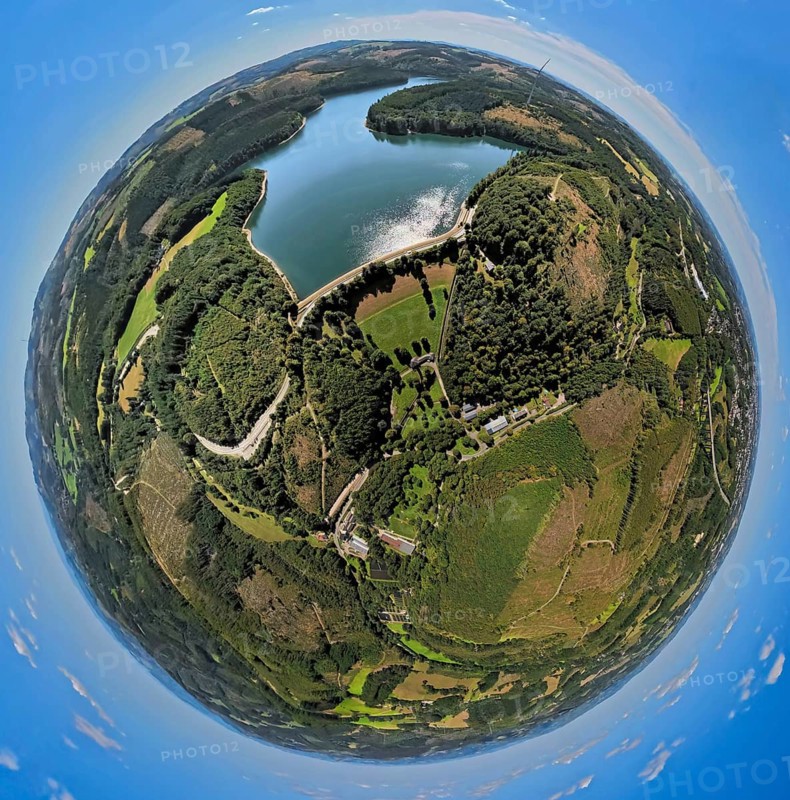Aerial view, Verse dam and reservoir, earth globe, fisheye image, 360 degree image, tiny world, little planet, fisheye image, Piepersloh, Lüdenscheid, Sauerland, North Rhine-Westphalia, Germany, DE, Europe, aerial view, aerial photography, aerial photography, Ruhr area, lake, dam, reservoir, overview, bird's-eye view, forest, forest area, birds-eyes view, overview