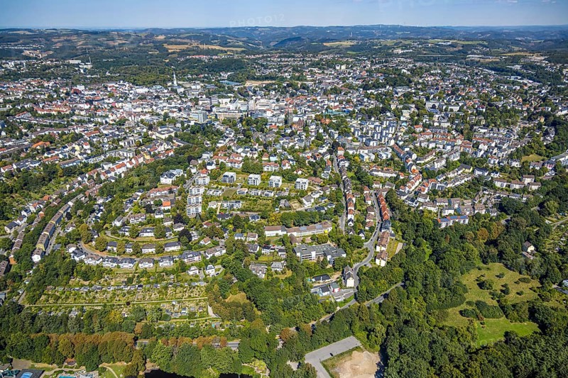 Aerial view, city centre view residential area around Hohfuhrstraße, town hall and town hall square, behind Phänomenta Science Center tower at Phänomenta-Weg Technikzentrum Südwestfalen, Lüdenscheid city, Lüdenscheid, Sauerland, North Rhine-Westphalia, Germany, tree avenue, tree group, tree row, tree series, DE, Europe, green trees, aerial view, aerial photography, aerial photography, Märkischer Kreis, overview, bird's eye view, birds-eyes view, green planting, overview