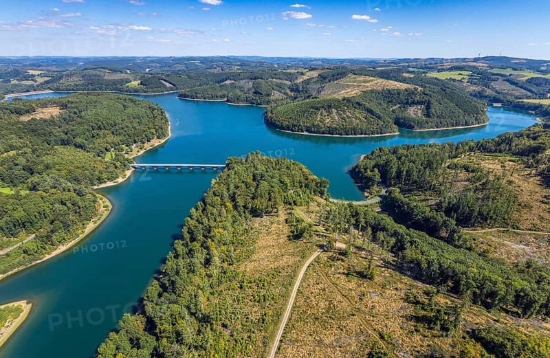 Aerial view, Versetalsperre, forest area with forest damage, Klamer Brücke der Landesstraße L694, Piepersloh, Lüdenscheid, Sauerland, North Rhine-Westphalia, Germany, tree mortality, DE, Europe, clear cutting, calamity areas, aerial photograph, aerial photography, aerial photography, Märkischer Kreis, lake, dam, overview, bird's eye view, forest, forest area, forest damage, forest mortality, birds-eyes view, overview