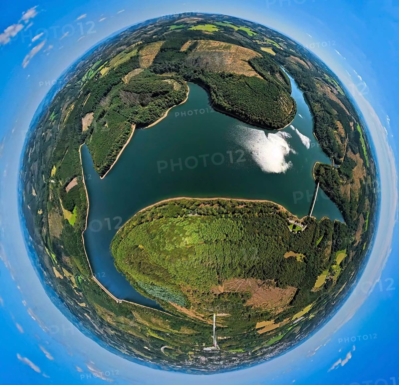 Aerial view, Verse dam, globe, fisheye image, 360 degree image, tiny world, little planet, fisheye image, Piepersloh, Lüdenscheid, Sauerland, North Rhine-Westphalia, Germany, DE, Europe, aerial view, aerial photography, aerial photography, Ruhr area, lake, dam, overview, bird's-eye view, forest, forest area, birds-eyes view, overview