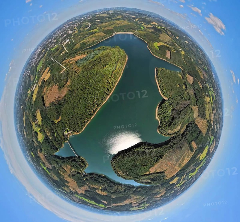 Aerial view, Verse dam, globe, fisheye image, 360 degree image, tiny world, little planet, fisheye image, Piepersloh, Lüdenscheid, Sauerland, North Rhine-Westphalia, Germany, DE, Europe, aerial view, aerial photography, aerial photography, Ruhr area, lake, dam, overview, bird's-eye view, forest, forest area, birds-eyes view, overview